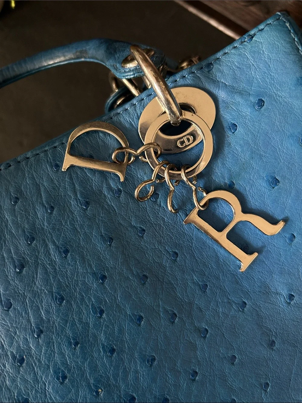 Beautiful Blue Ostrich-Textured Lady Tote with DR Charm
